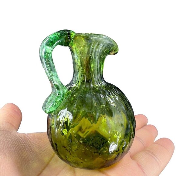 Hand Made Art Glass Green Optic Jug Miniature Pitcher Hand Blown Glass Decor VTG - Picture 3 of 14